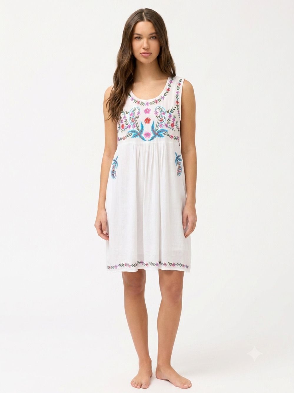 South Main Embroidered Boho Rayon Midi Dress White Floral XXL Festival Plus